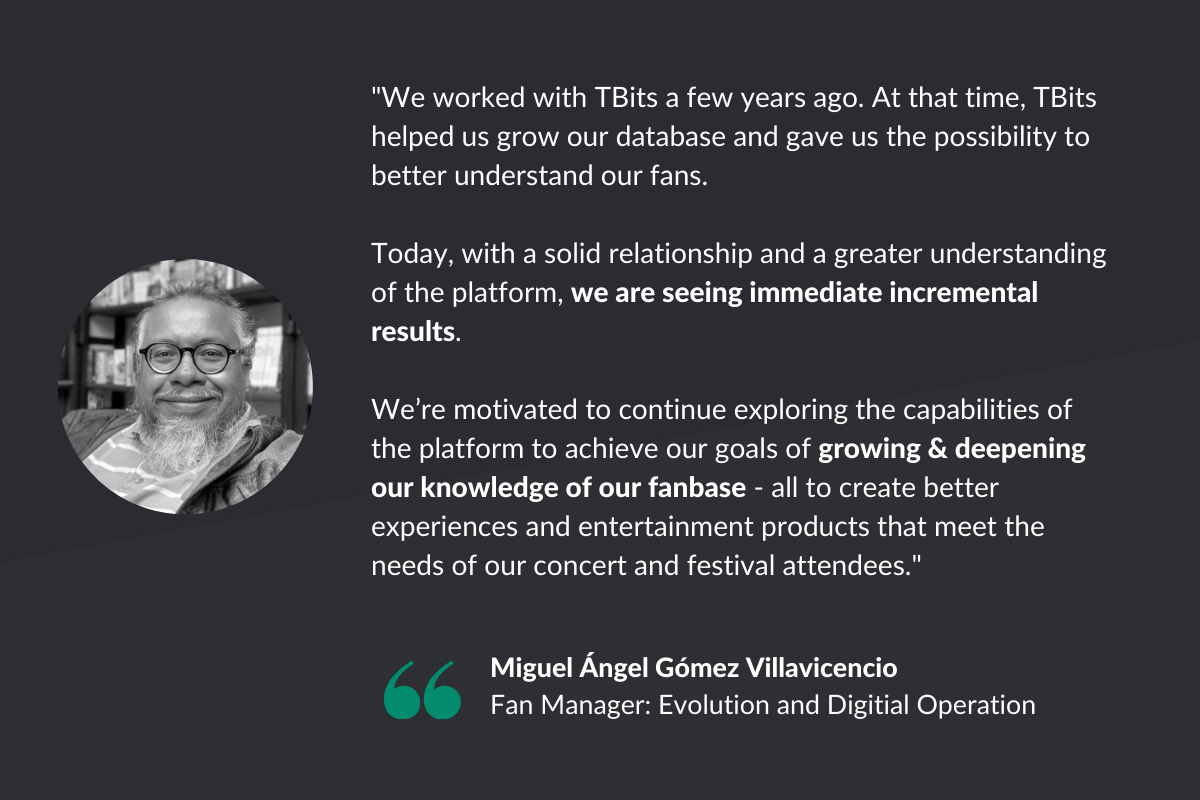We worked with TBits a few years ago. At that time, TBits helped us grow our database and gave us the possibility to better understand our fans.   Today, with a solid relationship and a greater understanding of the platform, we are seeing immediate incremental results.   We’re motivated to continue exploring the capabilities of the platform to achieve our goals of growing & deepening our knowledge of our fanbase - all to create better experiences and entertainment products that meet the needs of our concert and festival attendees." 
